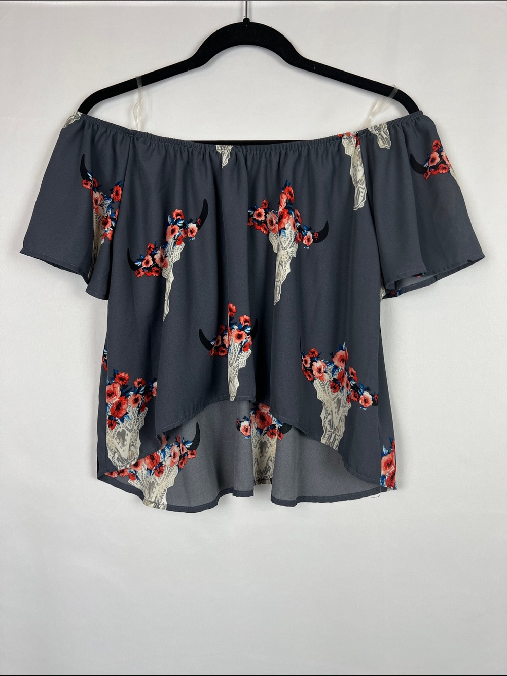 Floral Cattle Skull Print Off-Shoulder Crop Top
